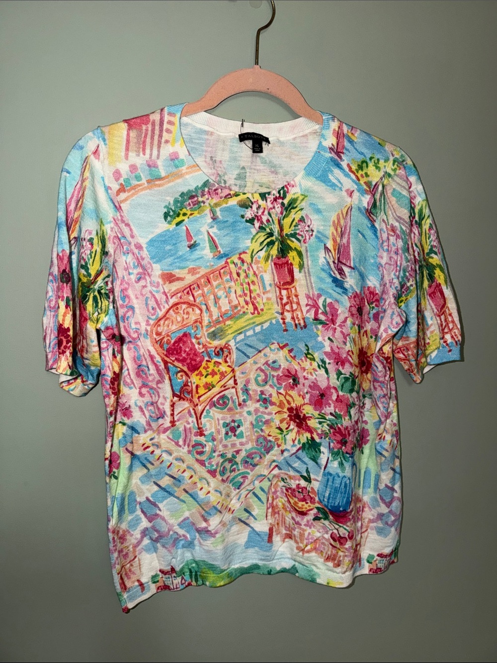 Talbots Multicolor Scenic Print 100% Cotton Crew Neck Sweater